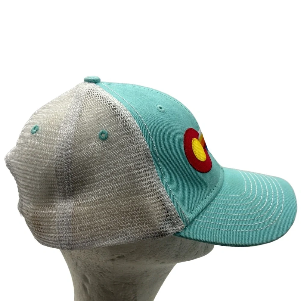 Aspen Bikes Trucker Hat Turquoise White Mesh Snapback Colorado Flag Logo Ouray